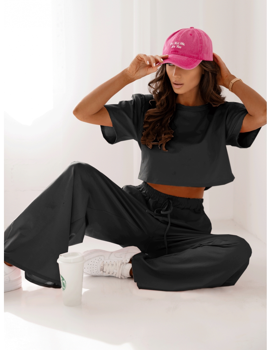 Bawełniany komplet z szerokimi spodniami NICOL - czarny