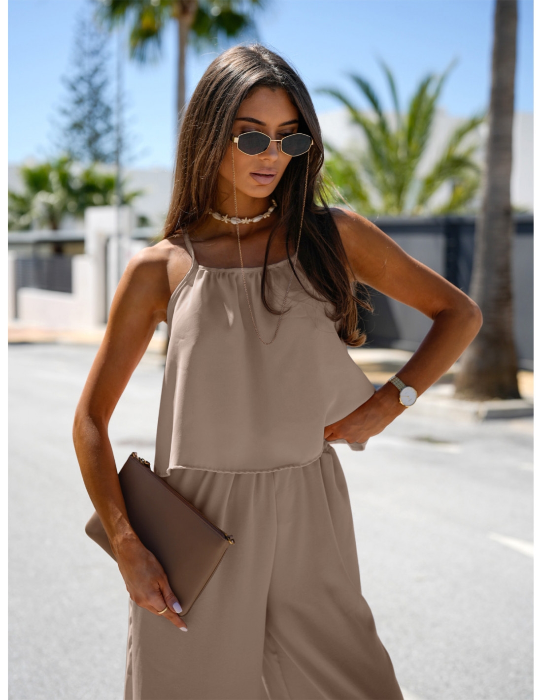 Modny komplet top i szerokie spodnie LEONI - mocha mousse