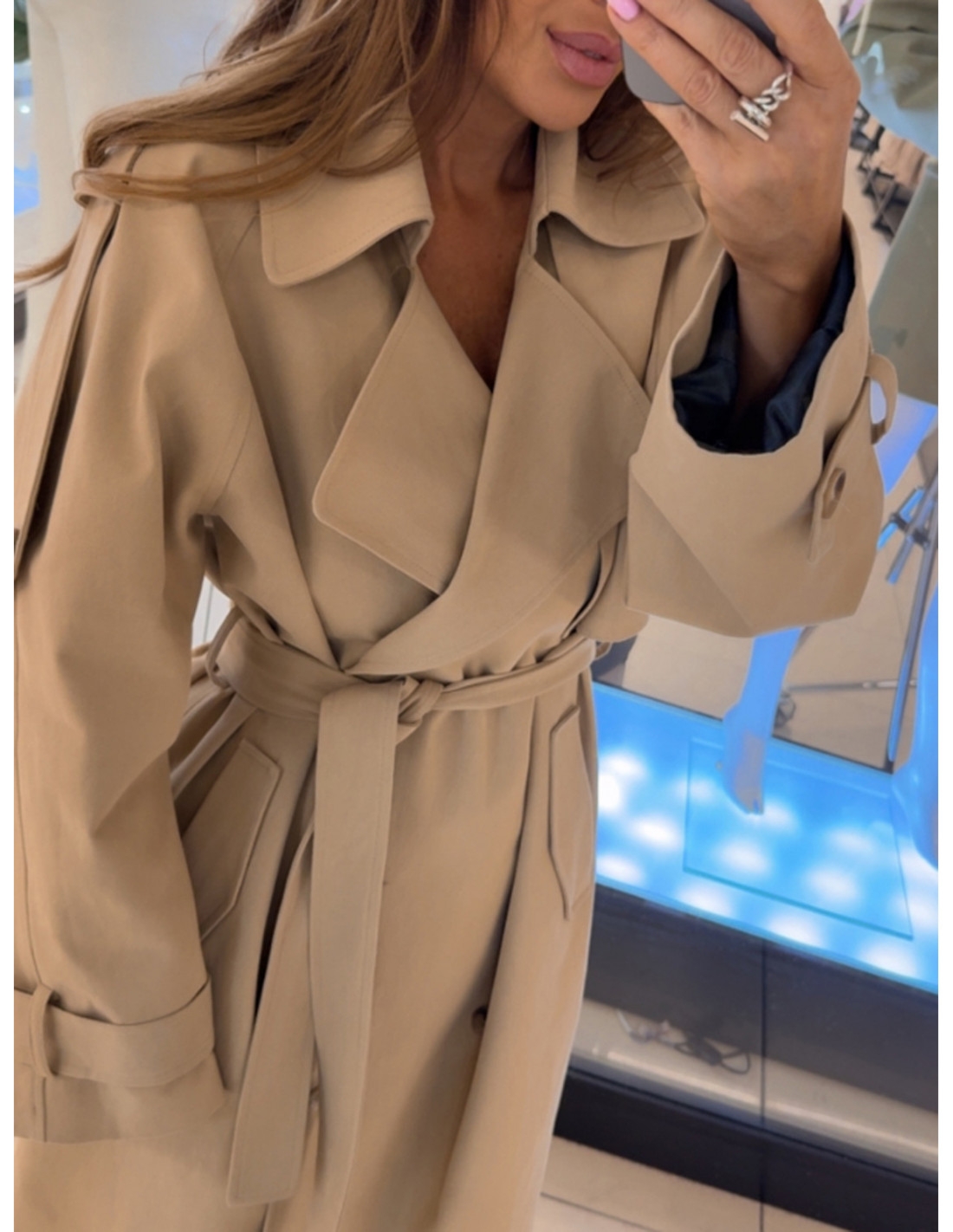 Długi płaszcz trencz z paskiem KASJO - mocha mousse