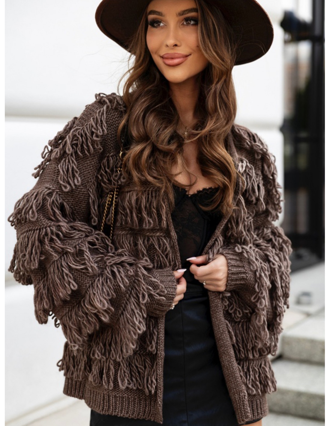 Sweter kardigan z domieszką wełny ZELVI - czekoladowy