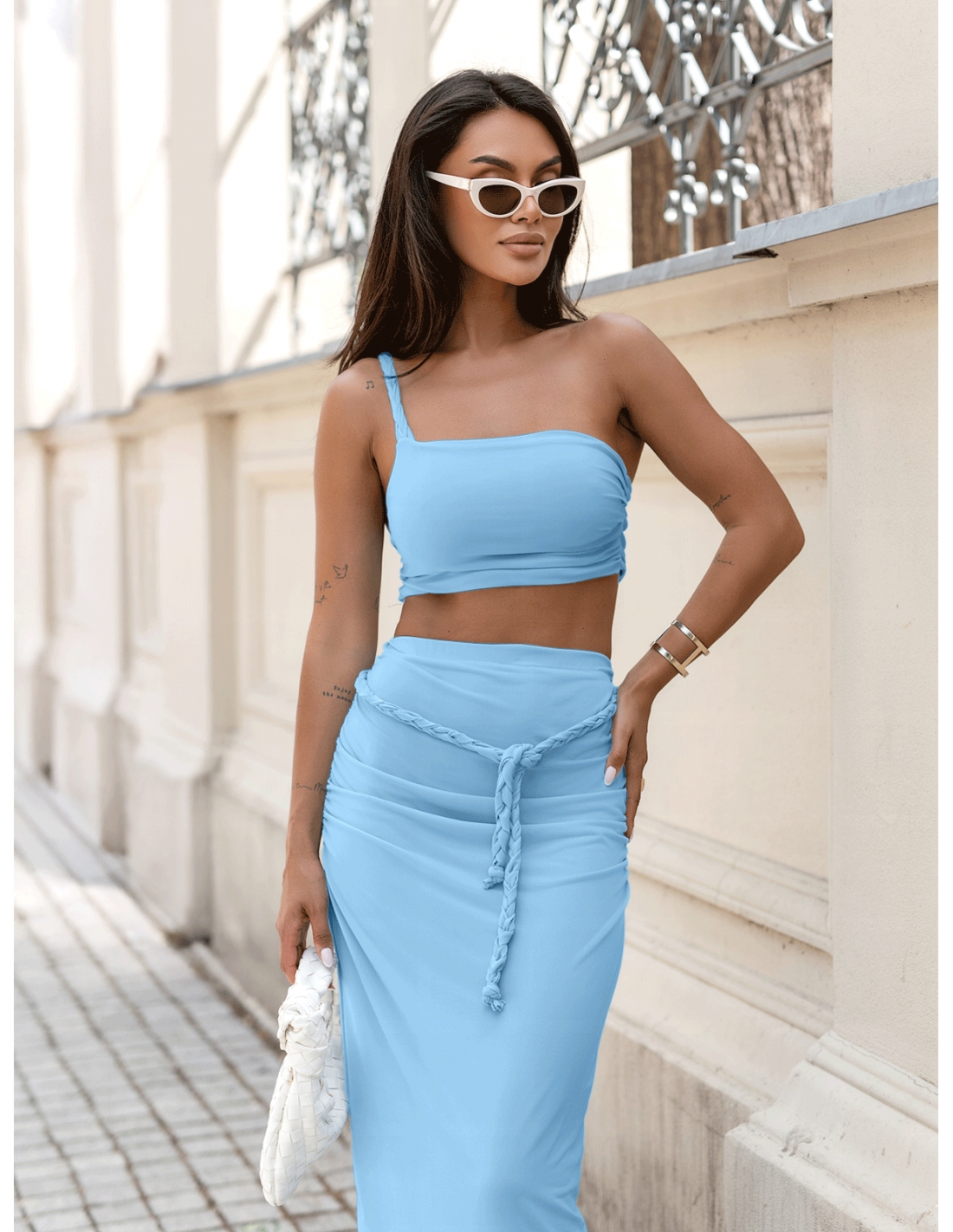 Komplet 2w1 crop top z długą spódnicą ERIA – błękitny