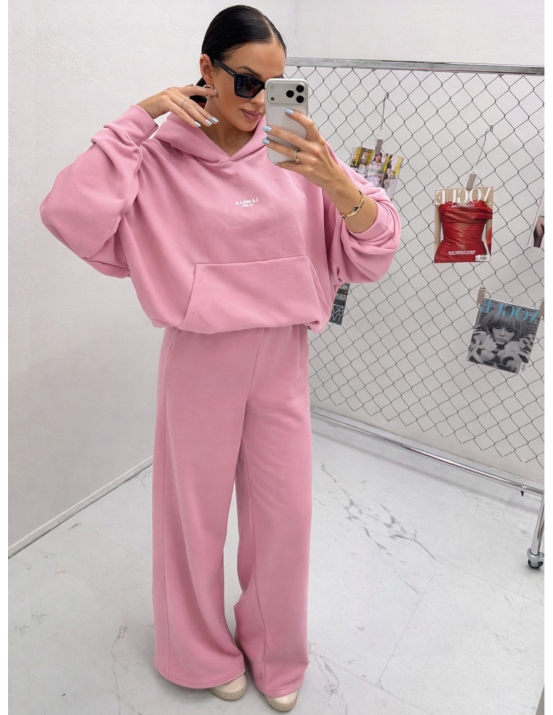 Szerokie spodnie dresowe z bawełny MILANO - pudrowy róż