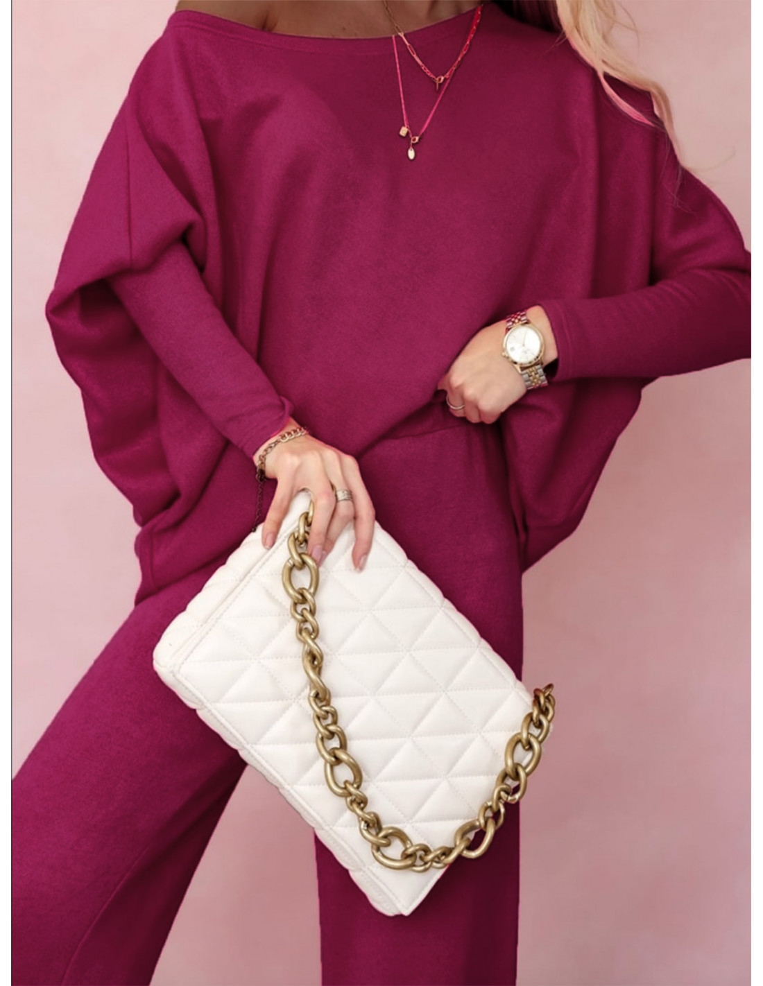 WP Komplet dzianinowy bluzka i szerokie spodnie - bordowy