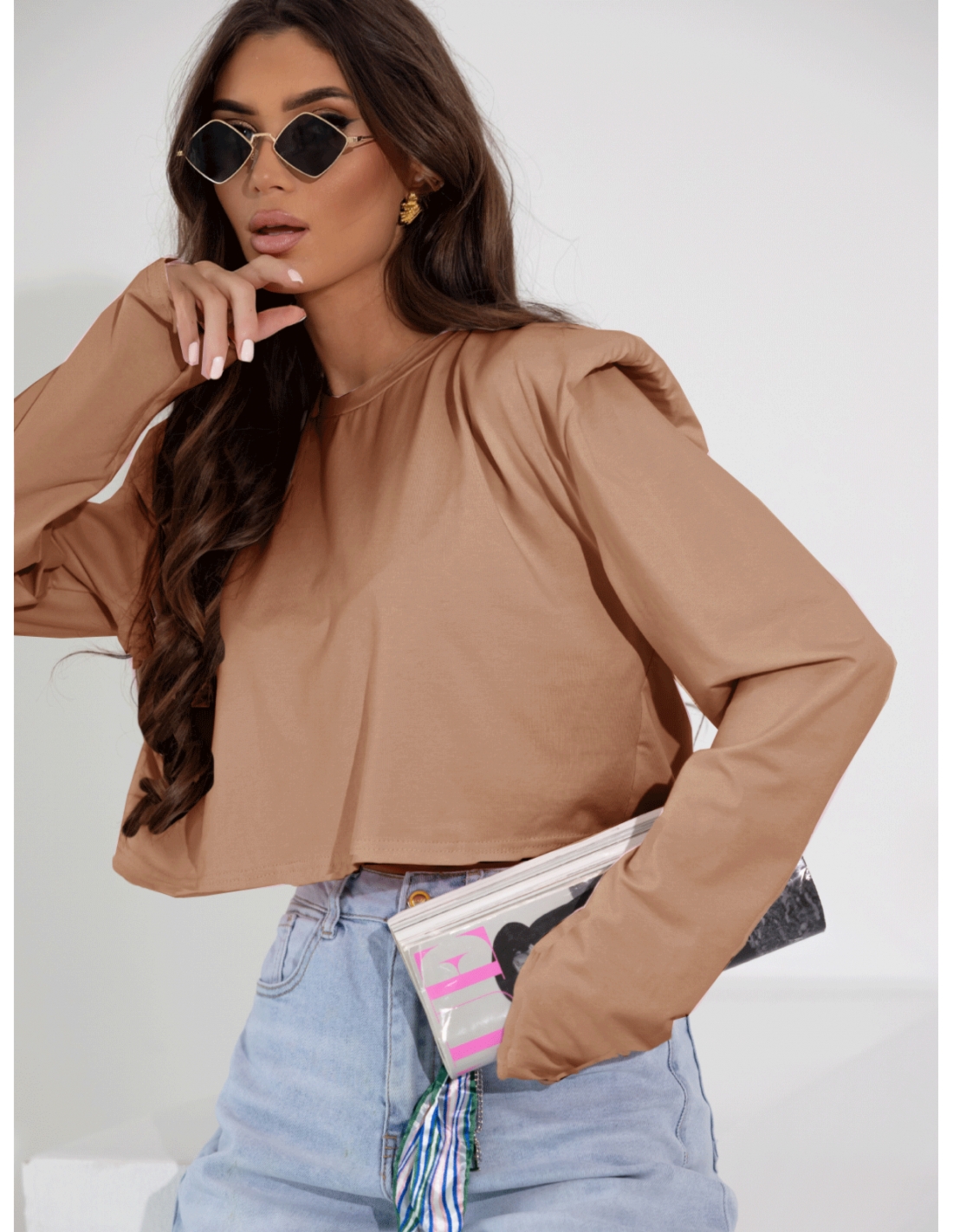 Pudełkowa bluzka top z poduszkami AMY - cappuccino mocca