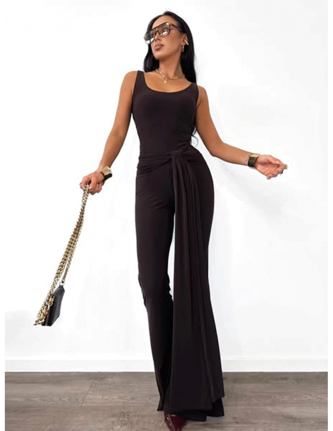 Wiskozowy kombinezon z wiązaniem MIRELLA - czekoladowy