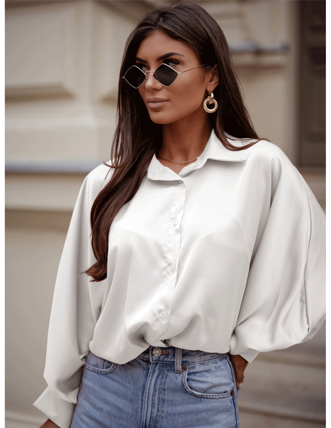 Satynowa koszula oversize CORALIE - biała