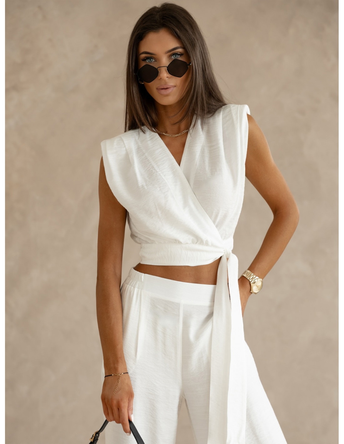Wiskozowy komplet top wiązany i spodnie ISALA - biały