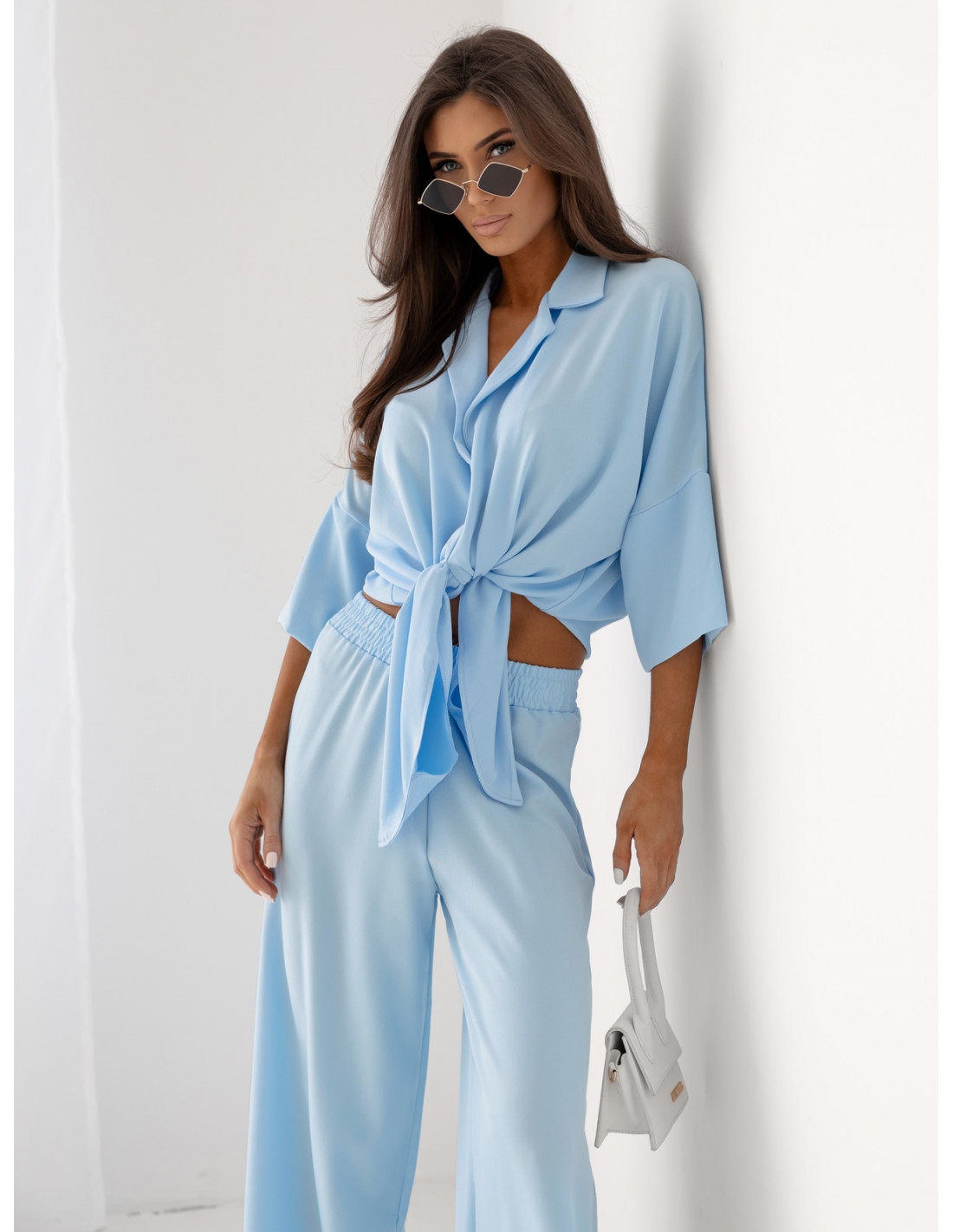 Komplet wiązana koszula i szerokie spodnie SUZI - błękitny