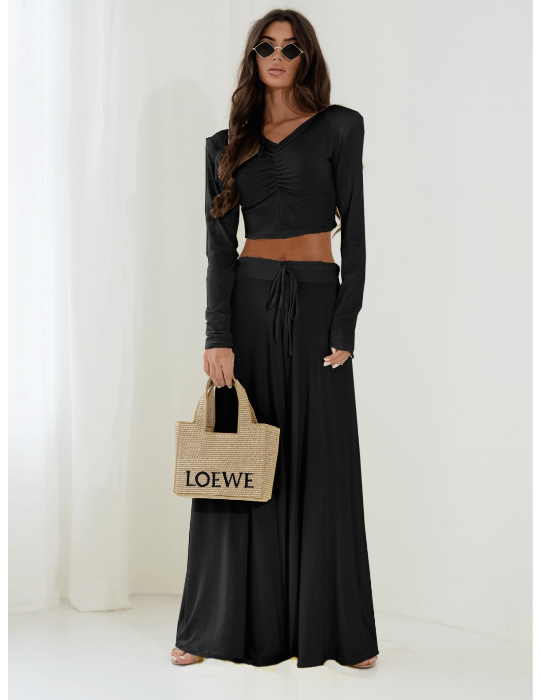 Komplet bluzka i spodnie z wiskozy THORA - czarny