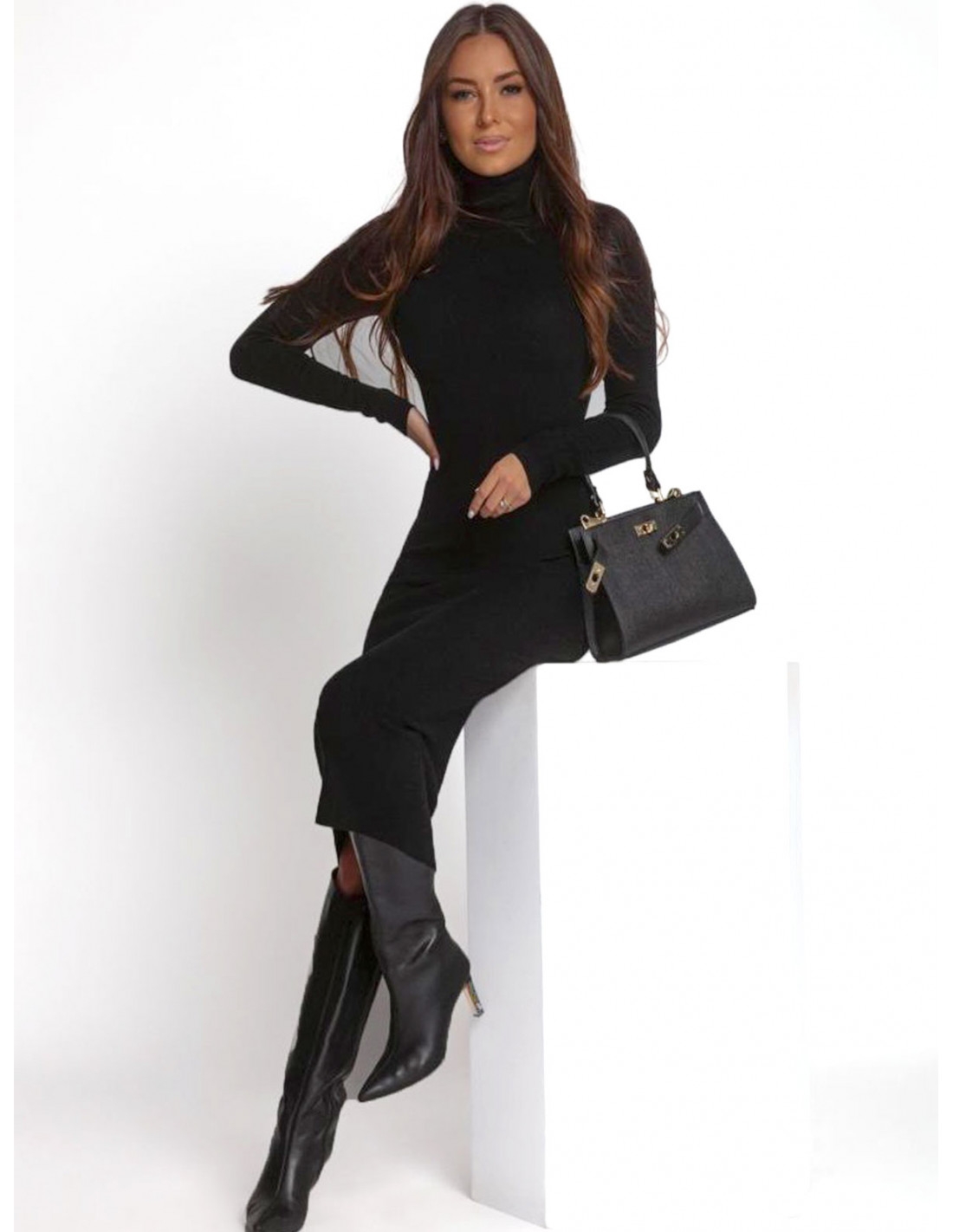 Dzianinowa sukienka midi z golfem SHERRI - czarna