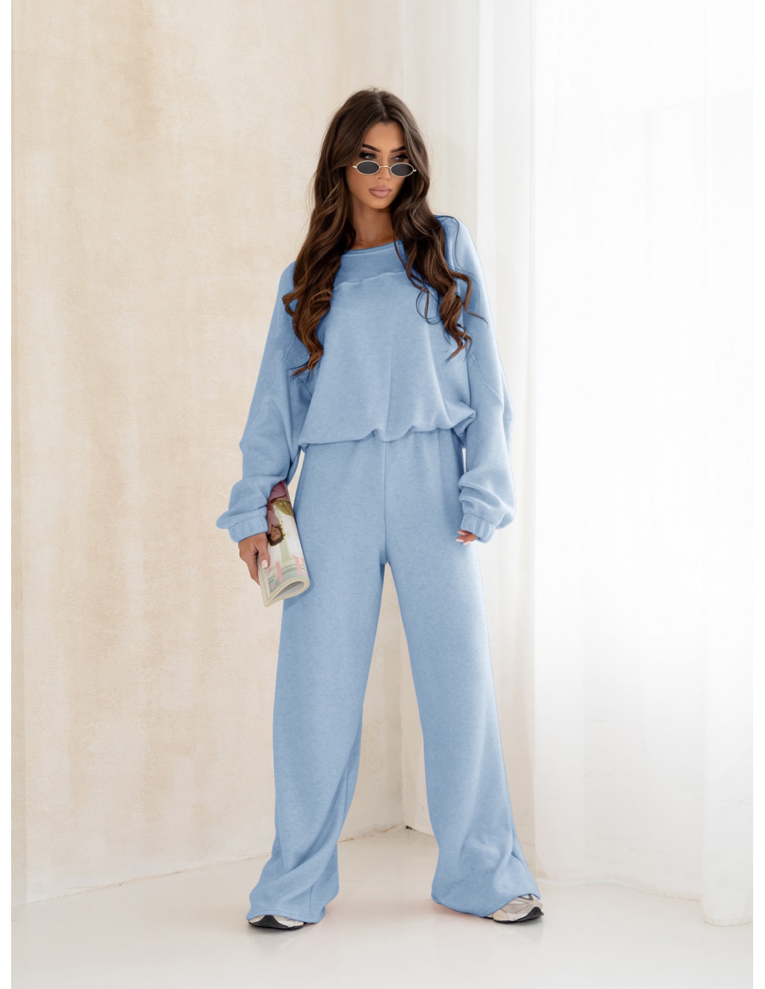Komplet dzianinowy z szerokimi spodniami MILENA - błękitny