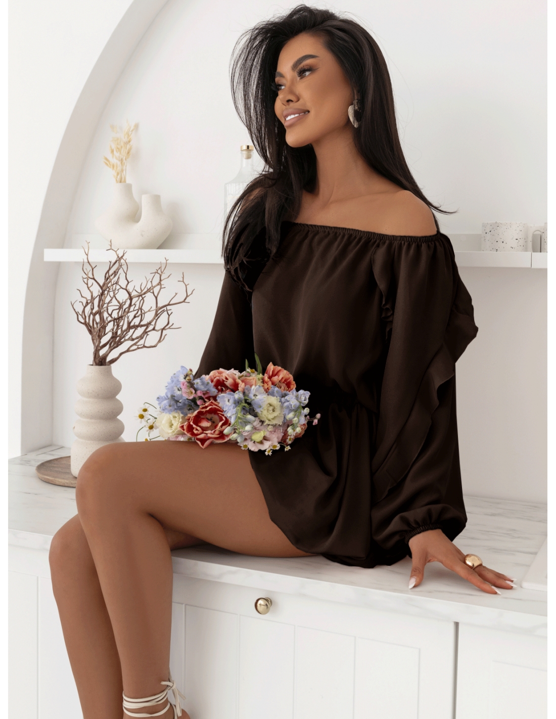 Stylowy komplet ze spódnicą MARISA - czekoladowy