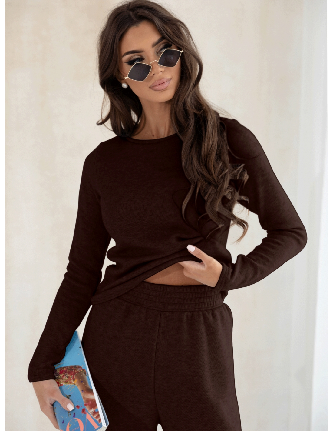 Komplet dzianinowy z szerokimi spodniami CELESTE - czekoladowy