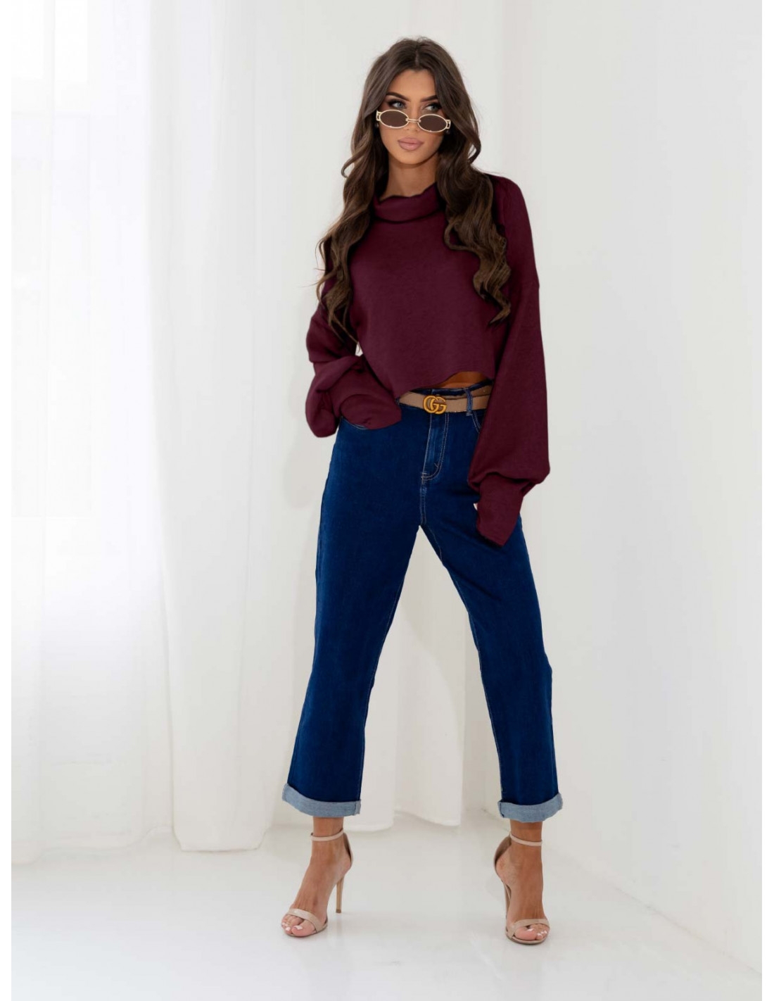 Dzianinowy sweter z golfem oversize NUALA - bordowy