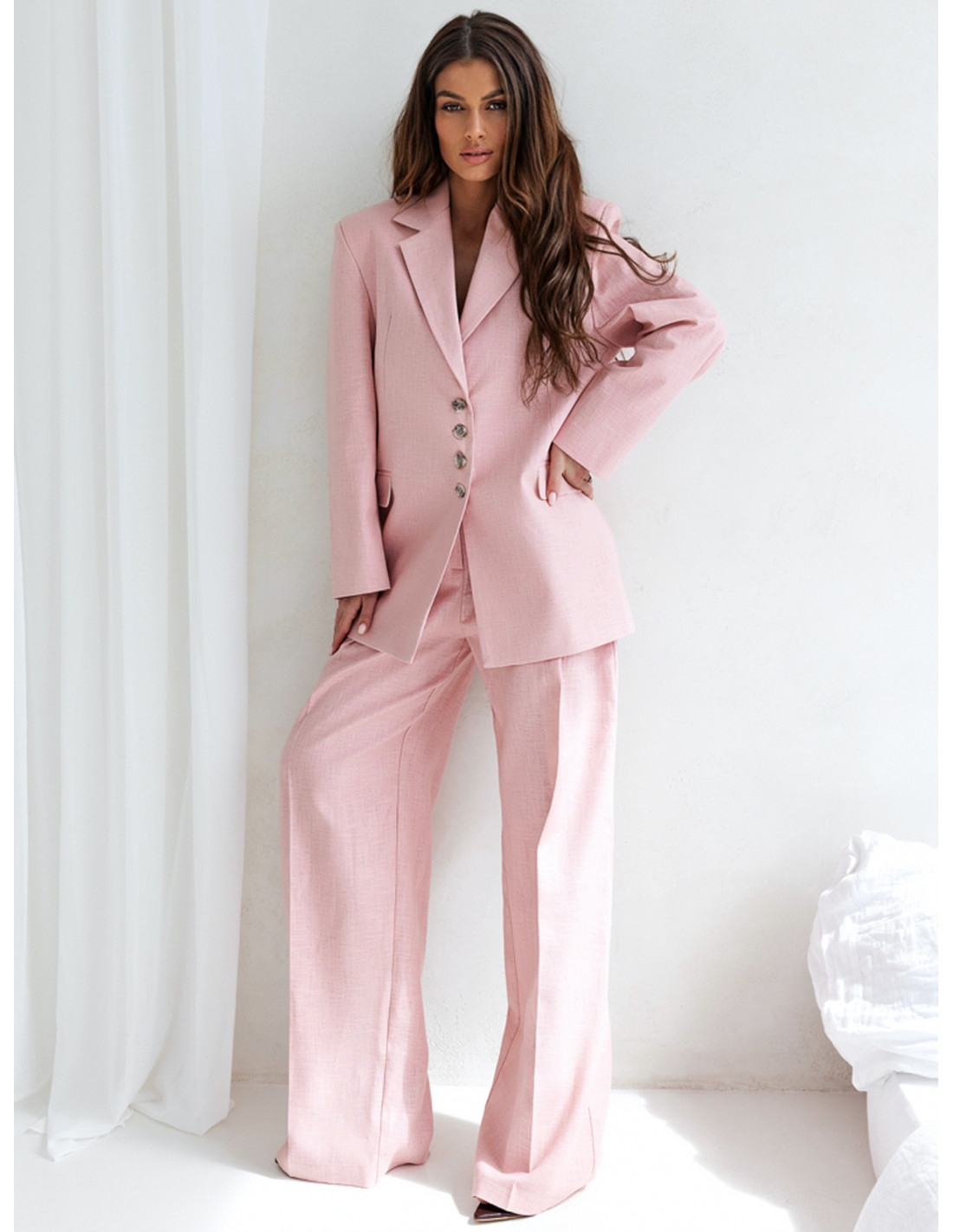 Lniany garnitur z szerokimi spodniami BRIZA - pudrowy róż