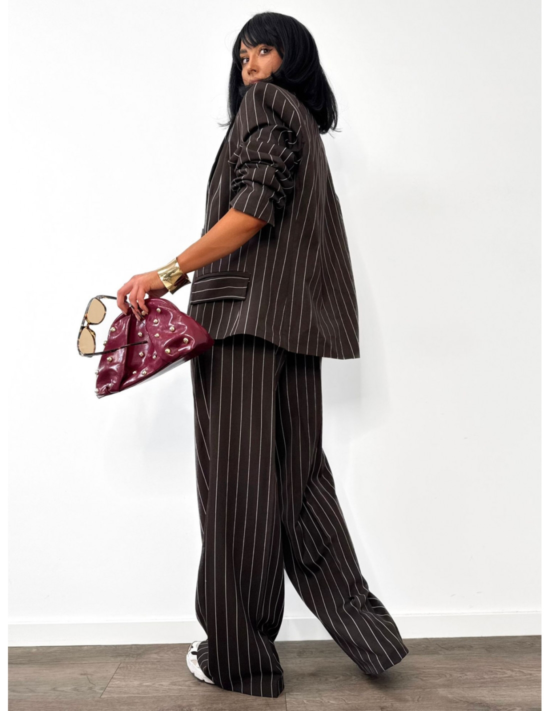 Marynarka oversize w prążek HILMA - czekoladowa