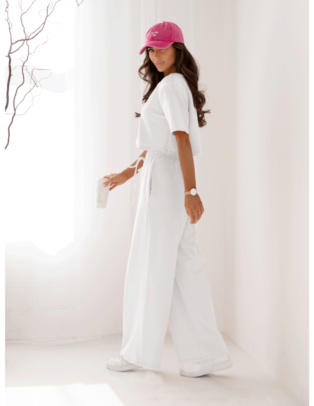 Bawełniany komplet z szerokimi spodniami NICOL - biały