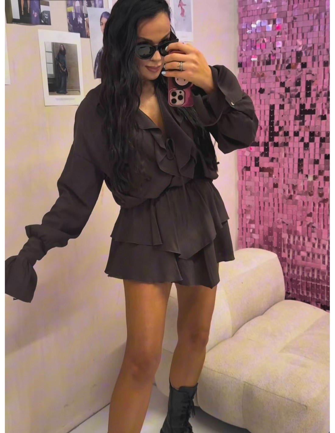 Wiskozowe spódnico spodenki z falbanami RAYNA - czekoladowe