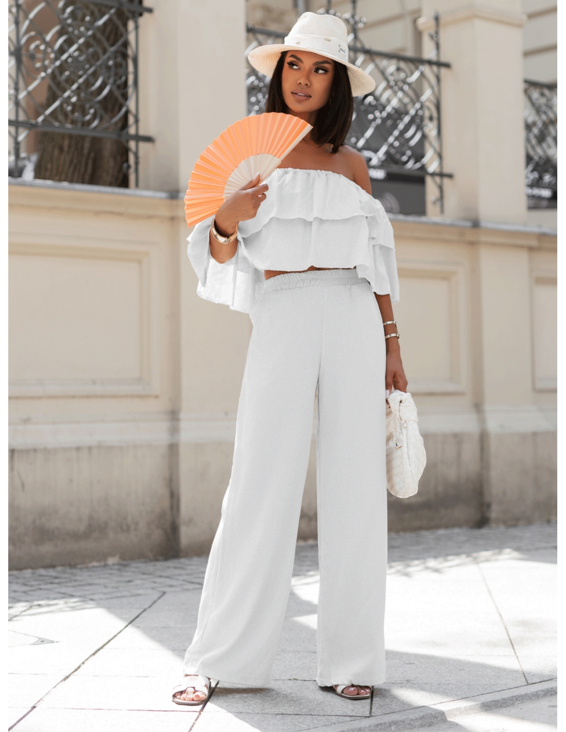 Lniany komplet crop top ze spodniami LETICIA – biały