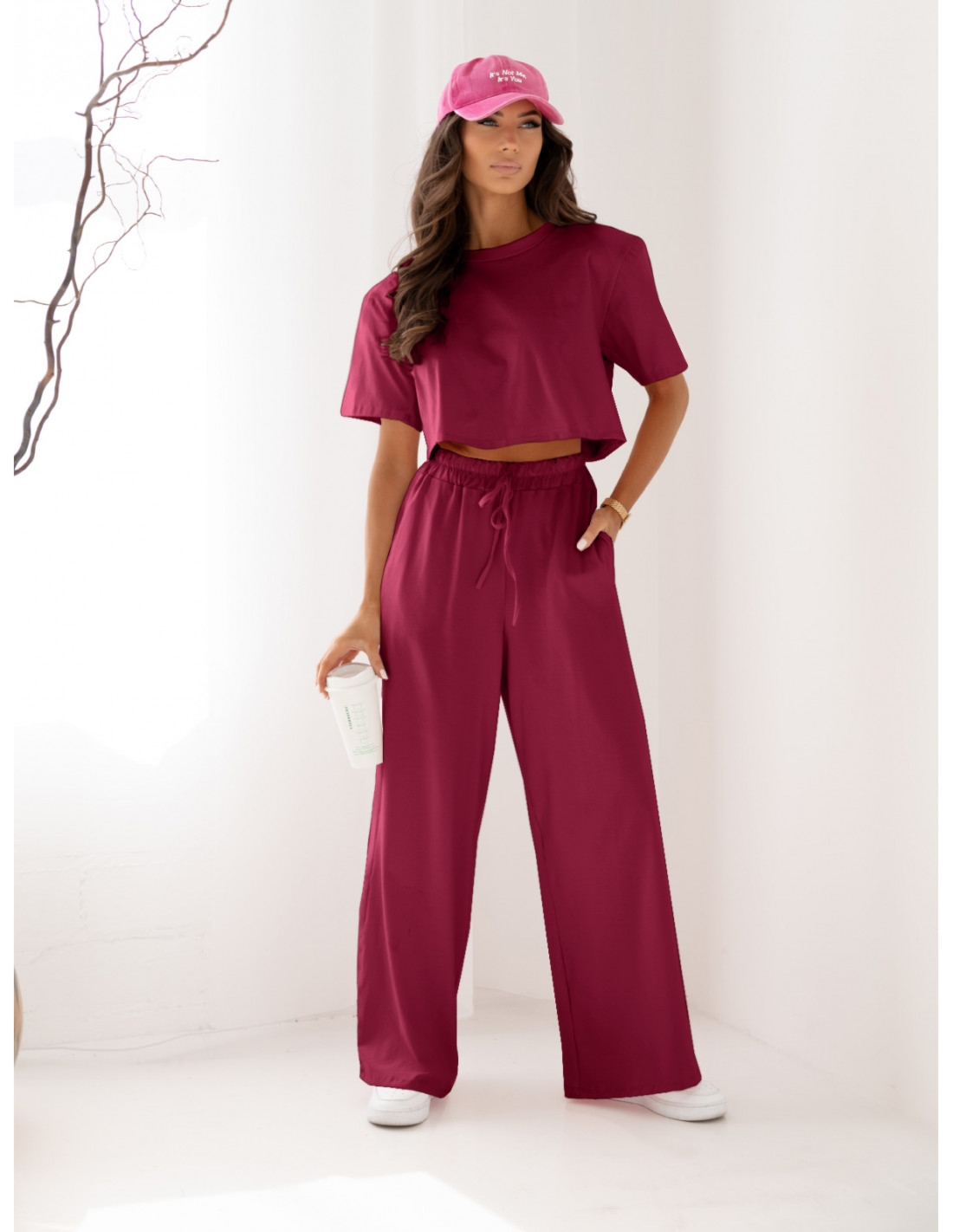 Bawełniany komplet z szerokimi spodniami NICOL - bordowy