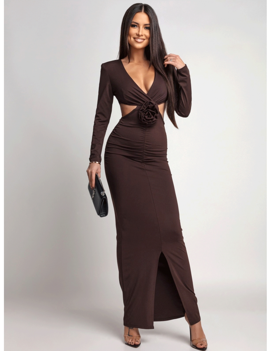 Sukienka maxi z wycięciem w talii VOLTA - czekoladowa