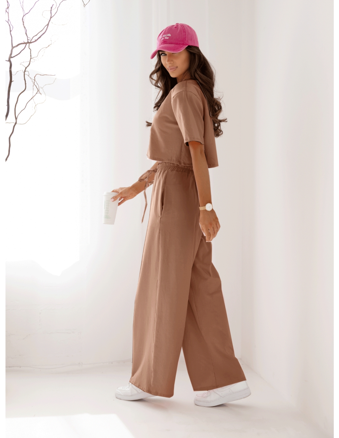 Bawełniany komplet z szerokimi spodniami NICOL - cappuccino