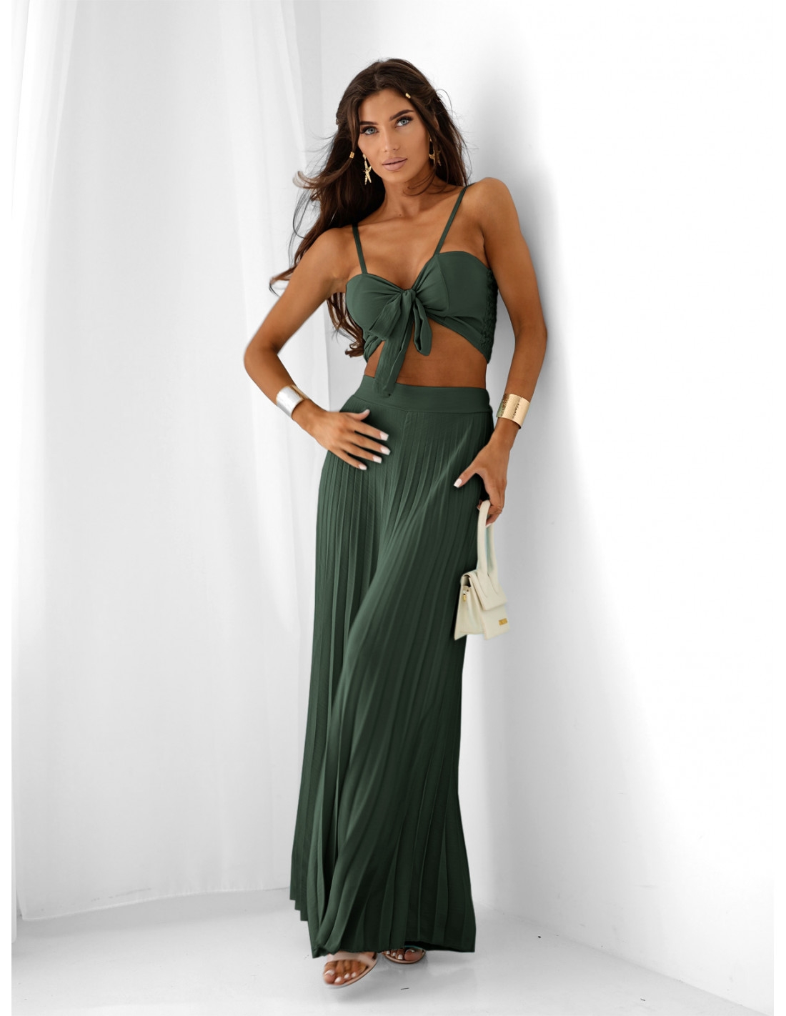 Komplet z wiskozy top i plisowane spodnie TORREL - butelkowa zieleń