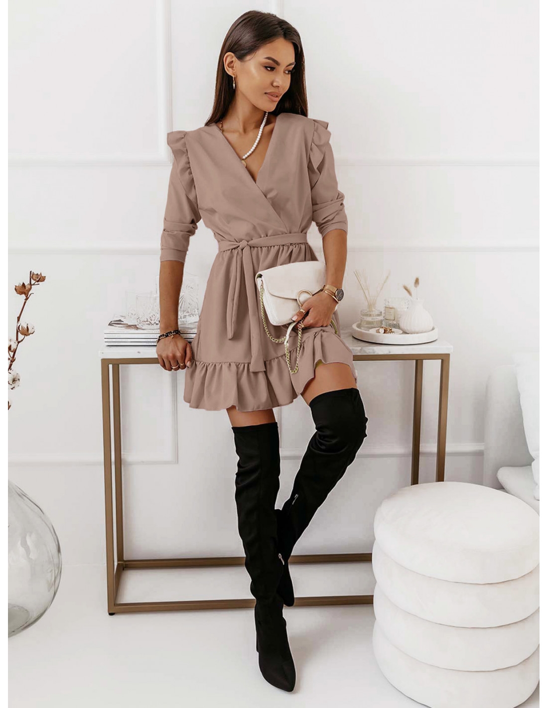 Rozkloszowana sukienka z falbankami MOLLY - cappuccino