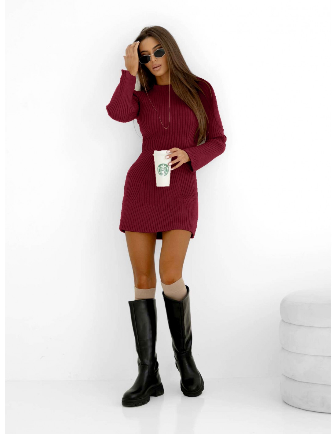 Sweterkowa mini sukienka NOVALIA - bordowa