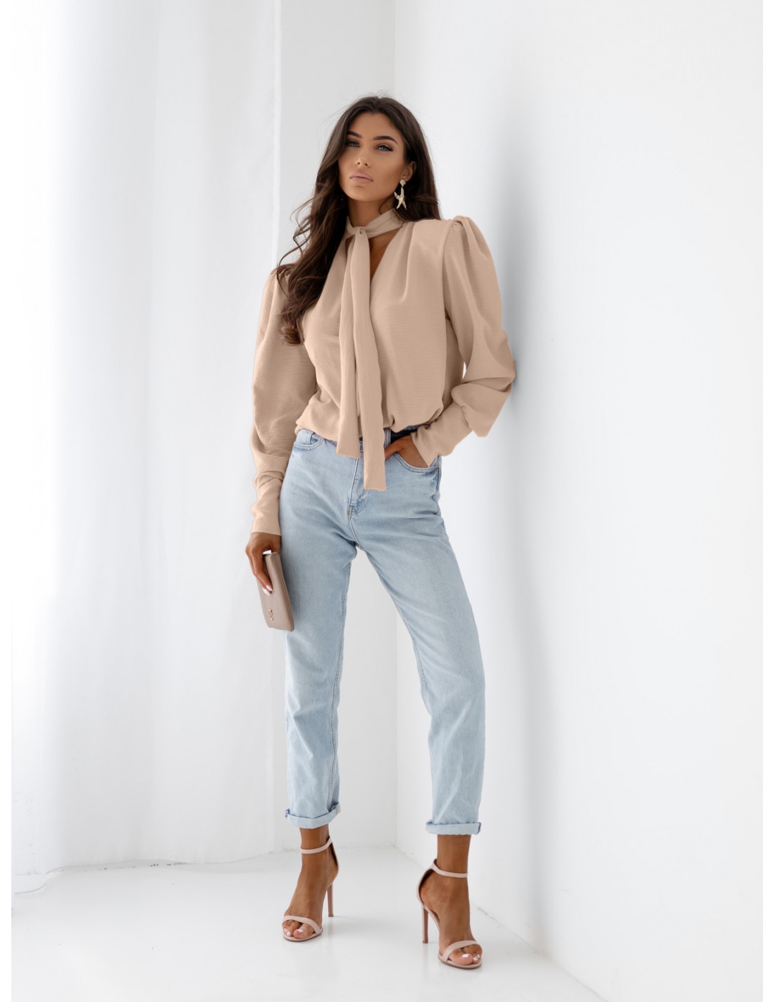 Bluzka koszulowa z wiązaniem FENZA - beżowa