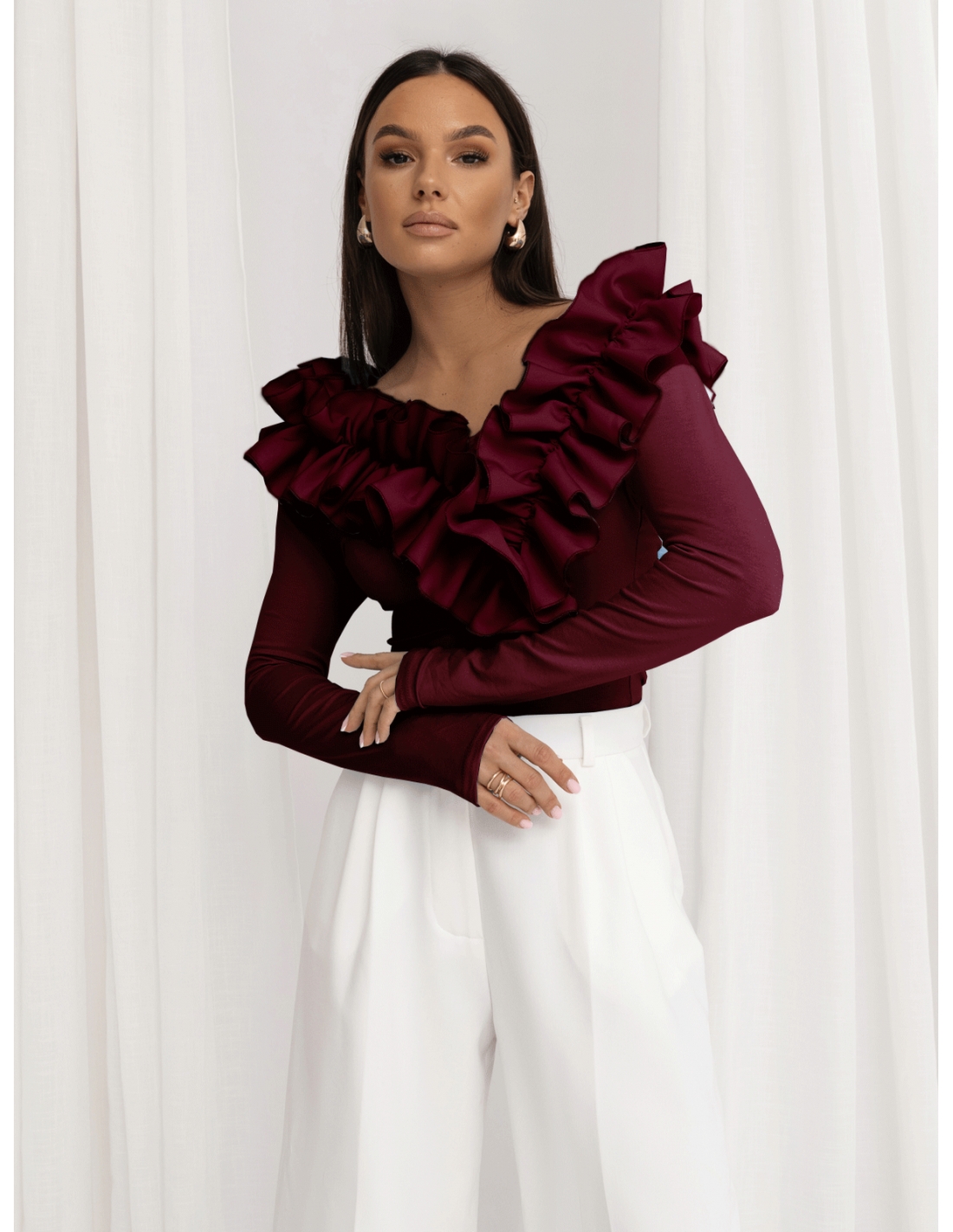 Wiskozowa bluzka z falbanami ORNELLA - bordowa