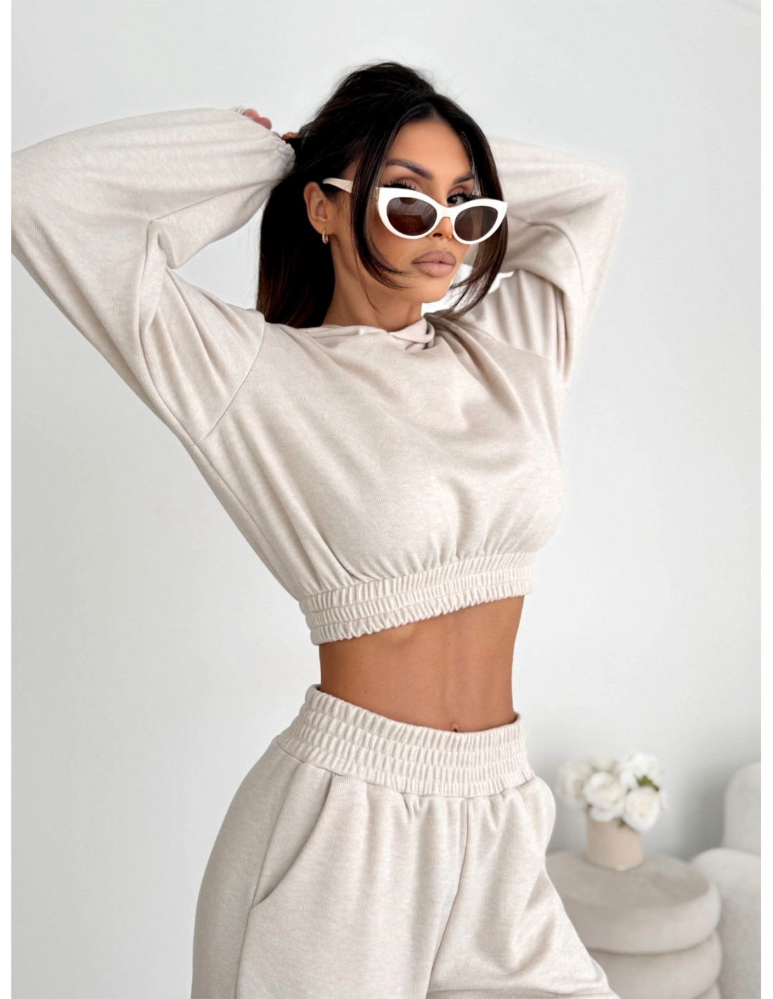 Komplet dzianinowy krótka bluza i spodnie AMBER - beżowy