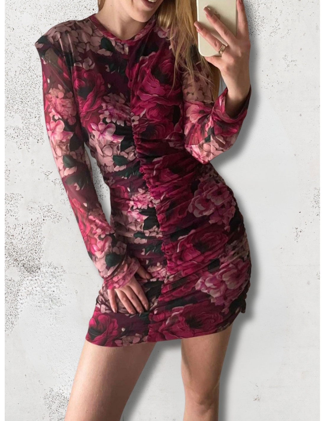 WP sukienka mini z siateczki w kwiaty - bordowa