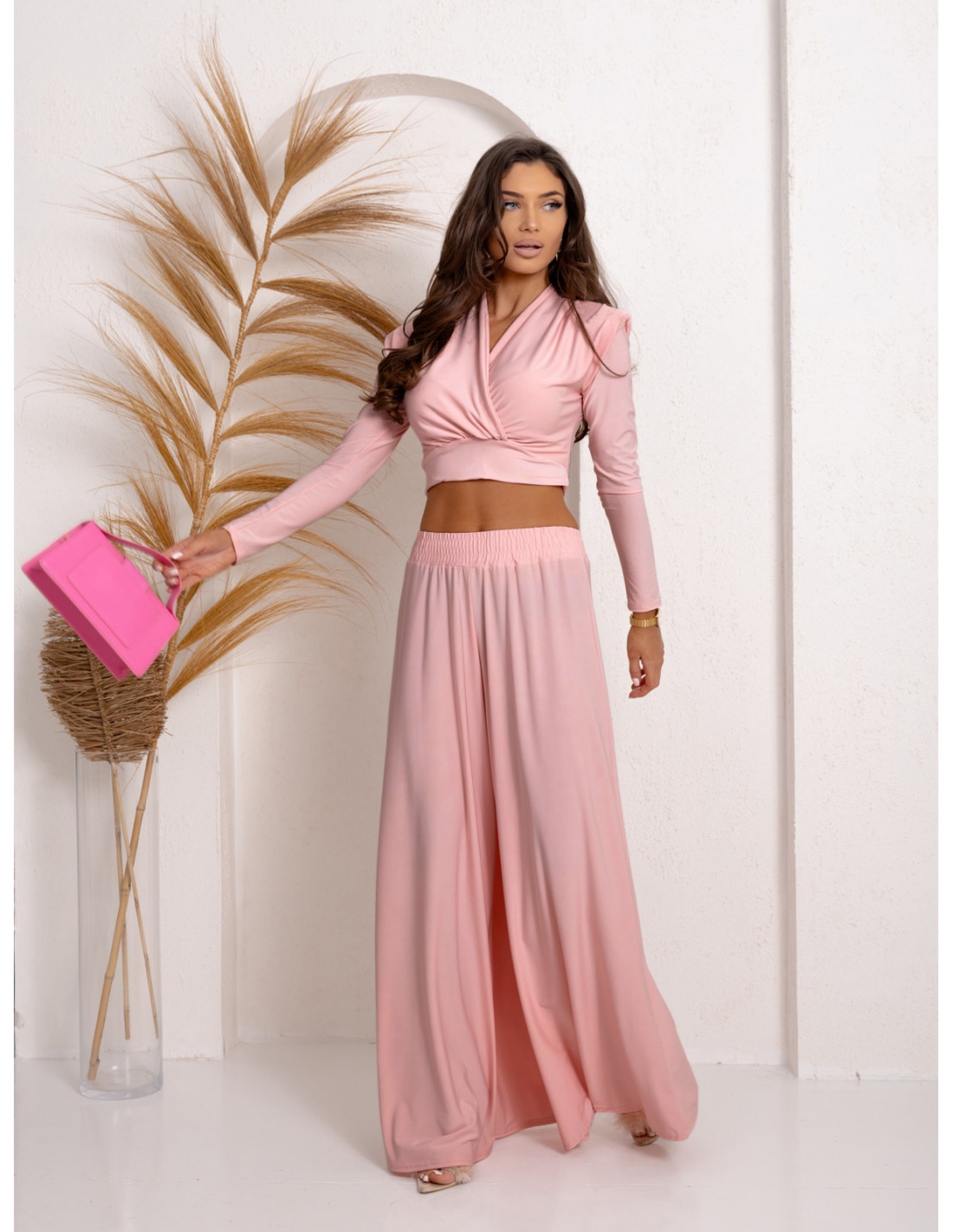 Stylowy komplet z szerokimi spodniami ARIGA - pudrowy róż