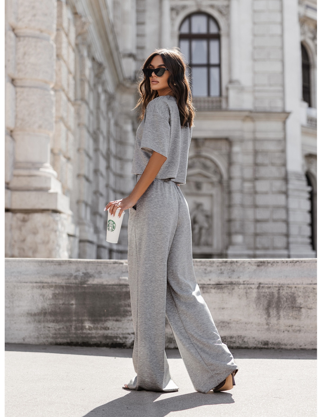 Masełkowy komplet bluzka i szerokie spodnie ATRIA - szary melanż