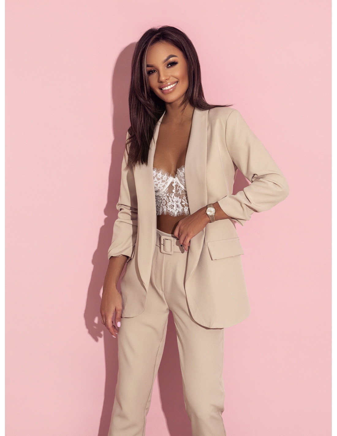 WP stylowe spodnie z paskiem- beżowe