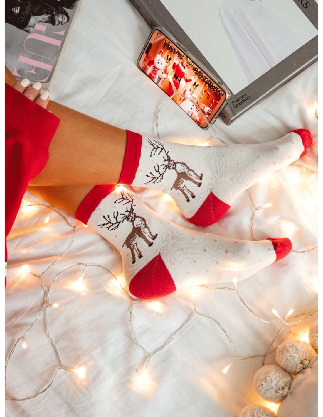 Skarpetki damskie świąteczne DUŻY RENIFER i KROPKI - wzór 7