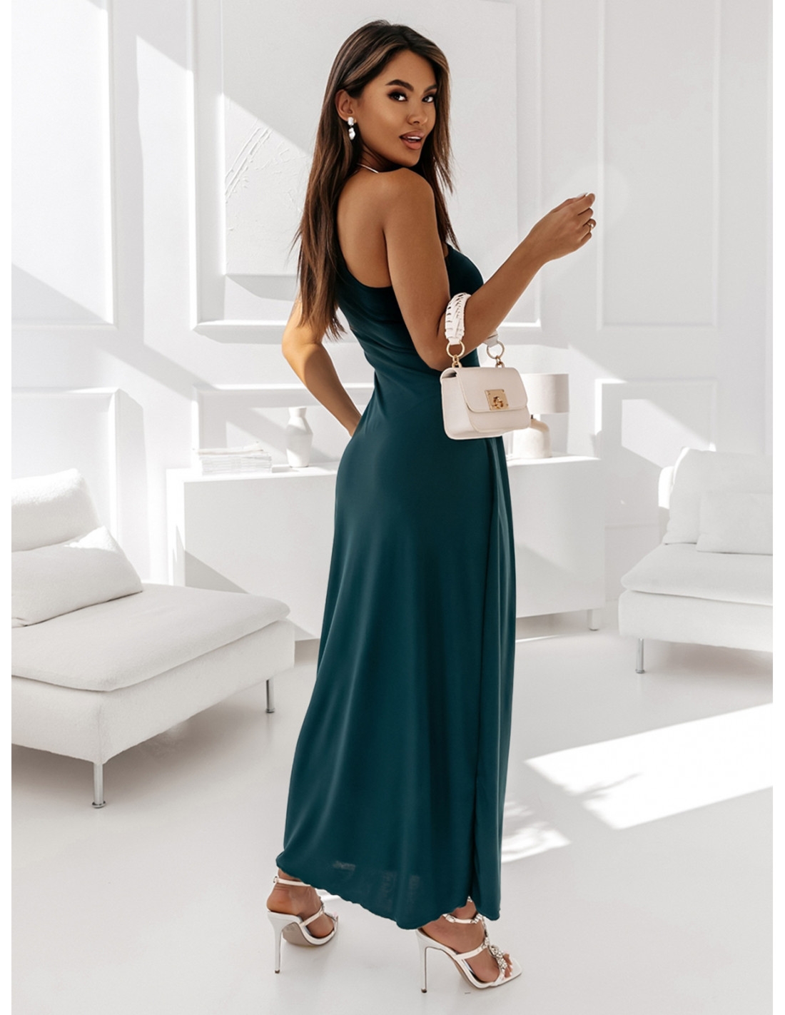 Sukienka maxi na jedno ramię BLANKA - butelkowa zieleń