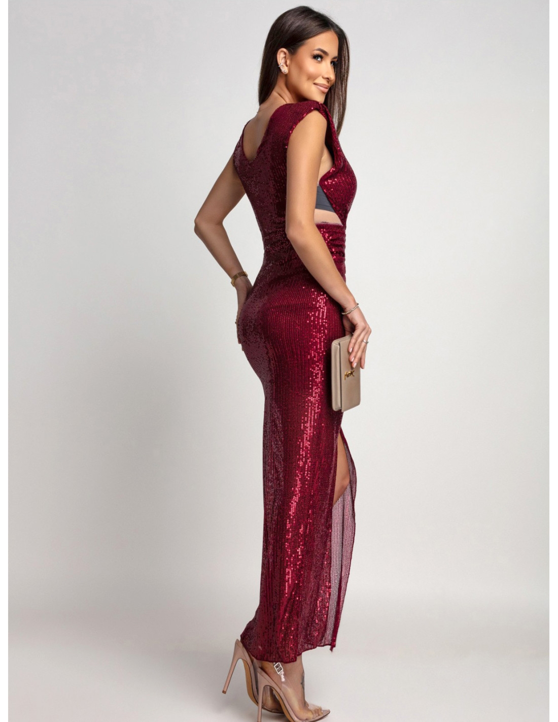 Cekinowa sukienka maxi z tiulowymi wstawkami NOJA - bordowa