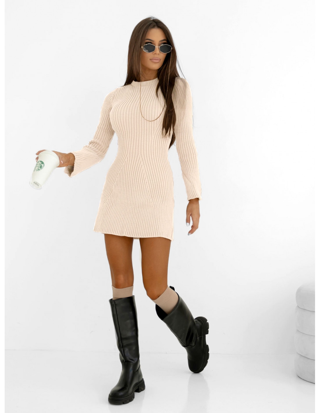 Sweterkowa mini sukienka NOVALIA - beżowa
