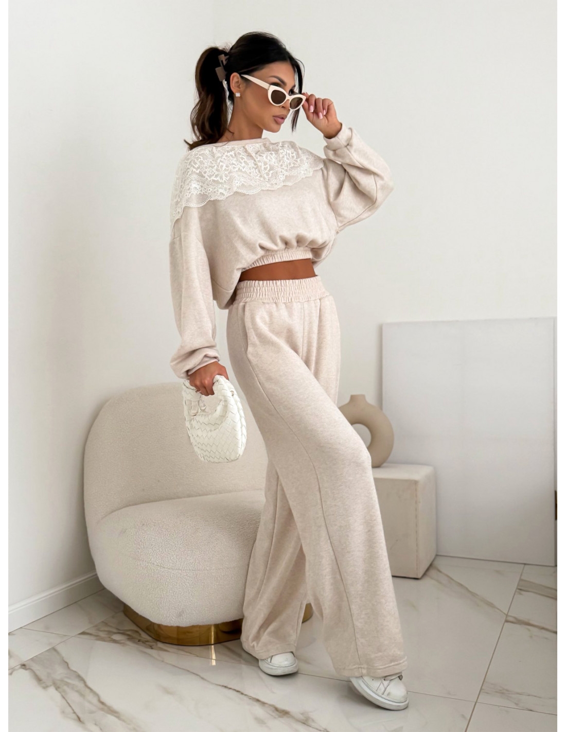 Komplet dzianinowy z szerokimi spodniami IMARA - beżowy