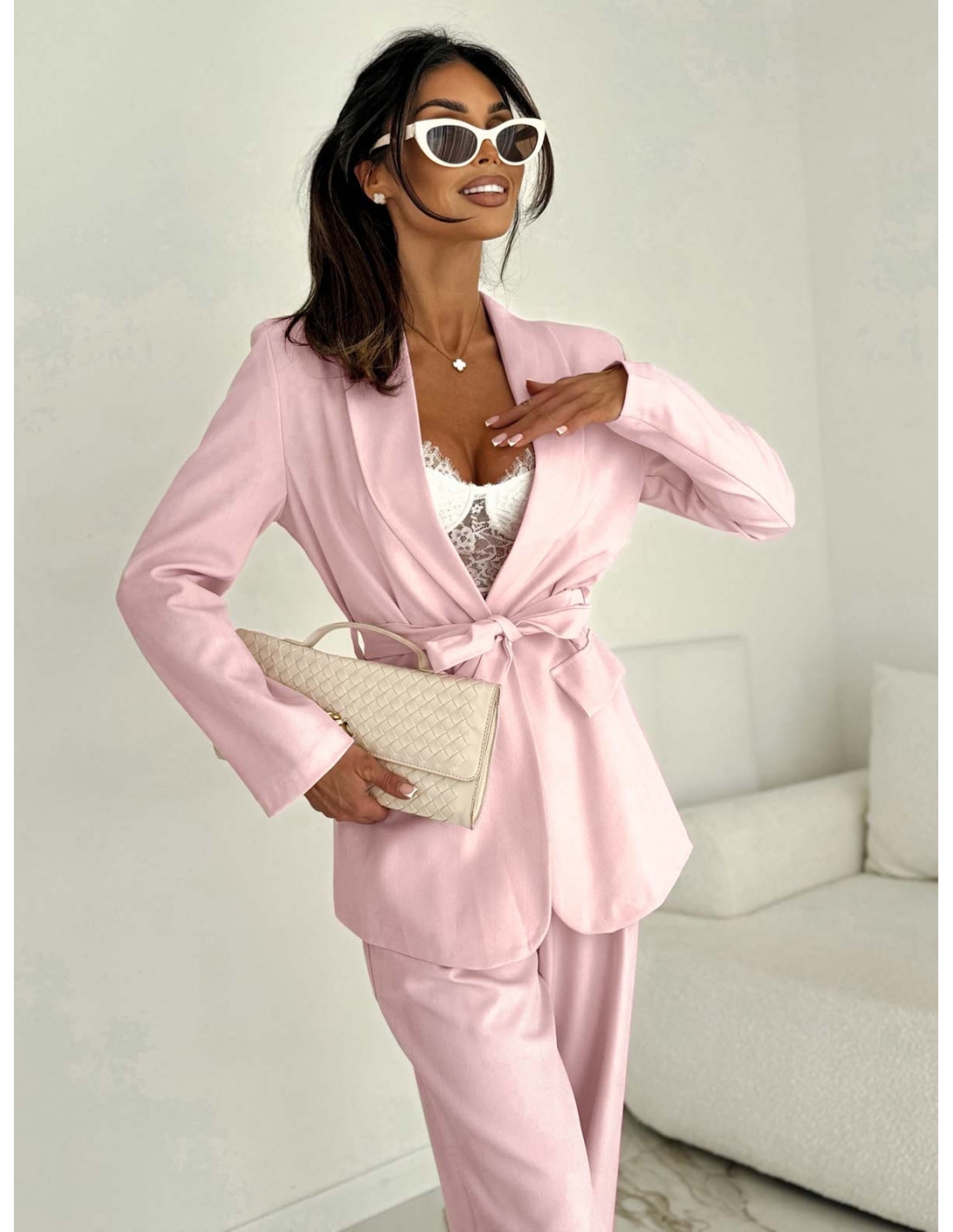 Bawełniany garnitur z szerokimi spodniami IRETI - pudrowy róż