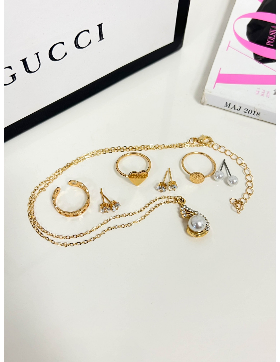 Delikatny komplet z perełką- złoty