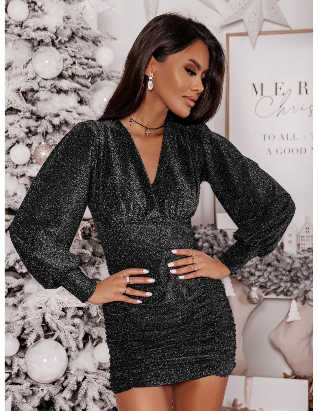 Brokatowa sukienka z marszczeniem SHILLA - srebrna