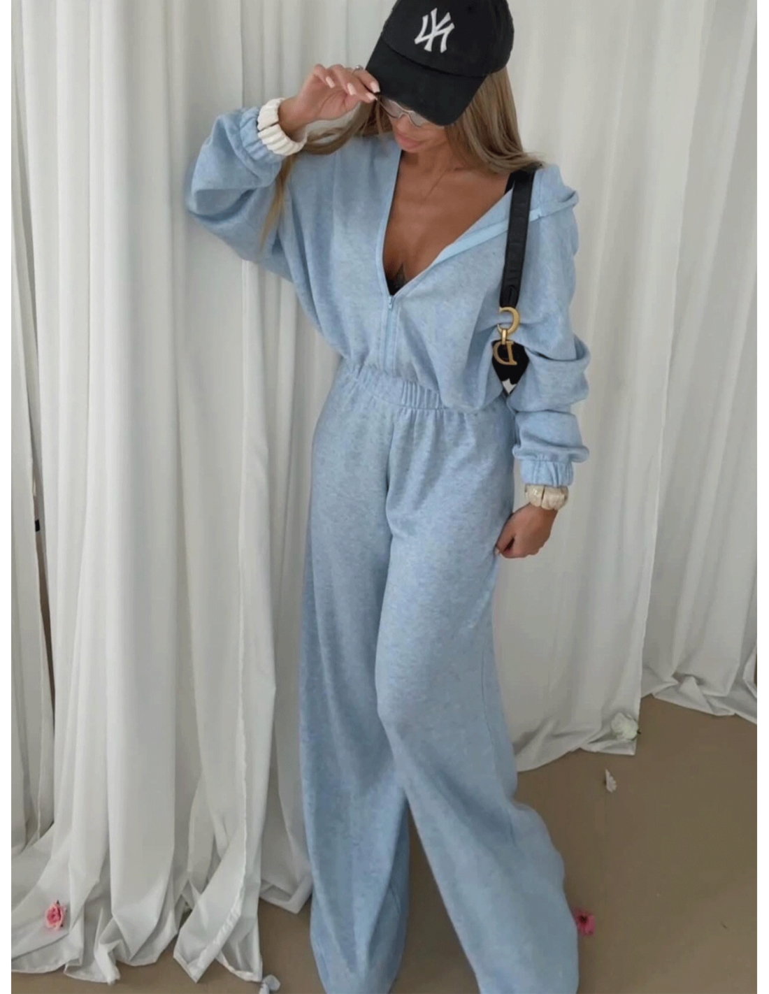 Komplet z wełny z szerokimi spodniami YOSHIE - błękitny