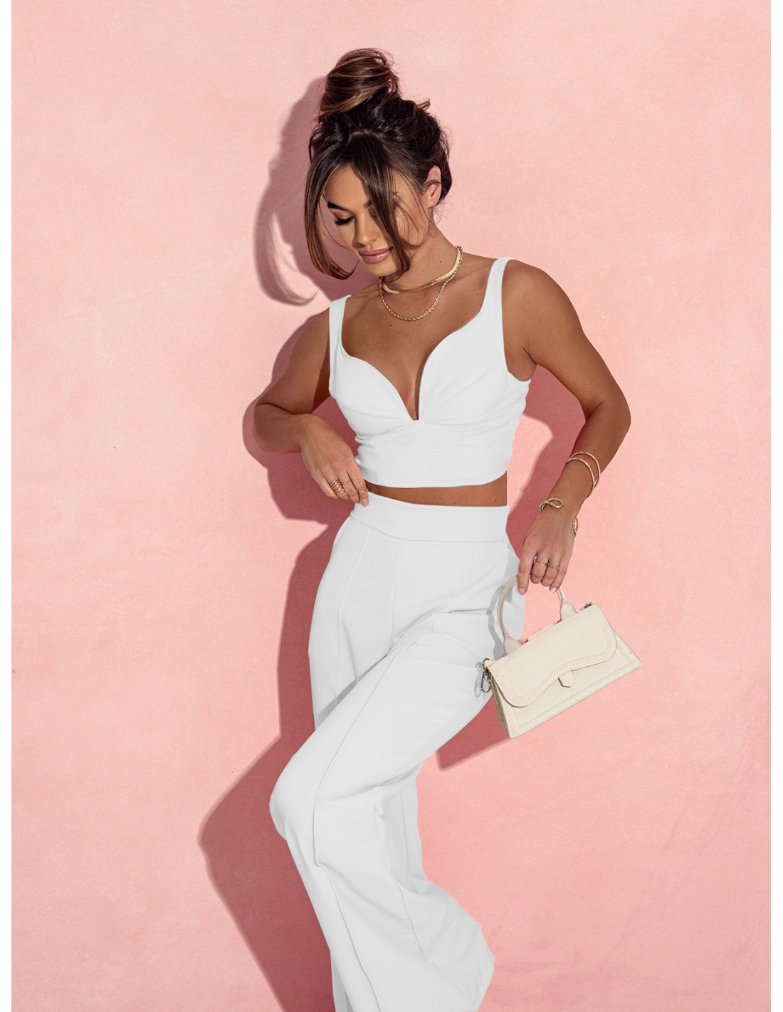 Komplet crop top z szerokimi spodniami KIRIS - biały