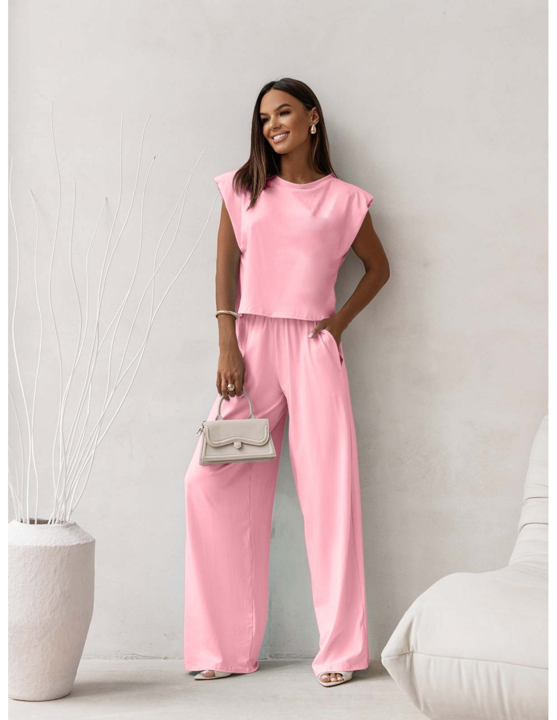 WP Bawełniany komplet top i szerokie spodnie - pudrowy róż