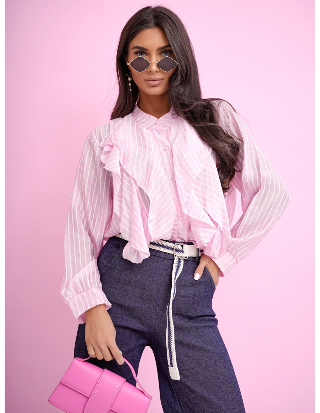 Kobieca koszula z tencelu z falbanami FABIA - pudrowy róż