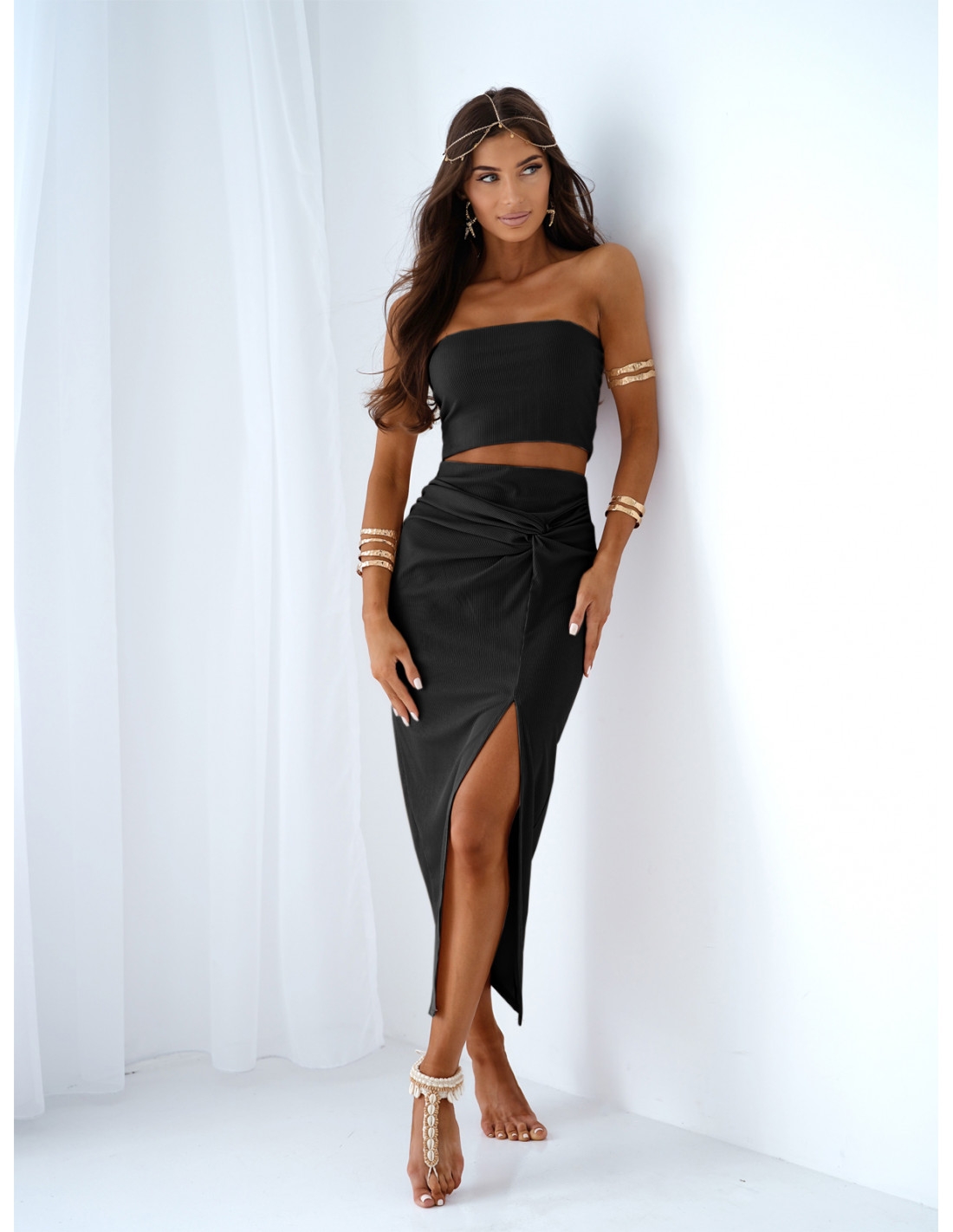 Prążkowany komplet top i spódnica MOSSI - czarny