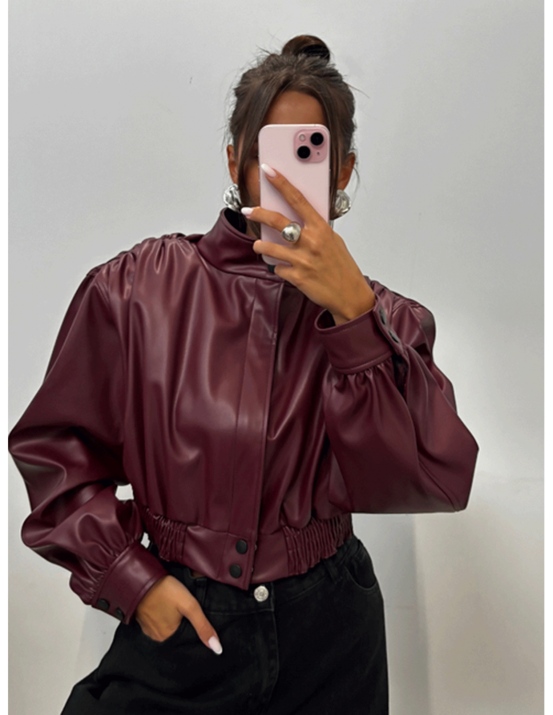 Krótka kurtka z eko-skóry LUNAS - bordowa